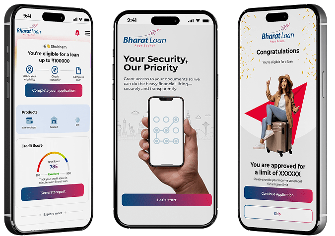 Bharat Loan app screens showing loan dashboard, security, and approval
